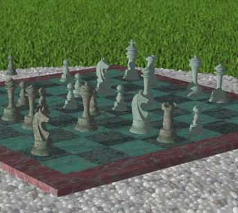 [ray-traced image of a chess board on a stone table]